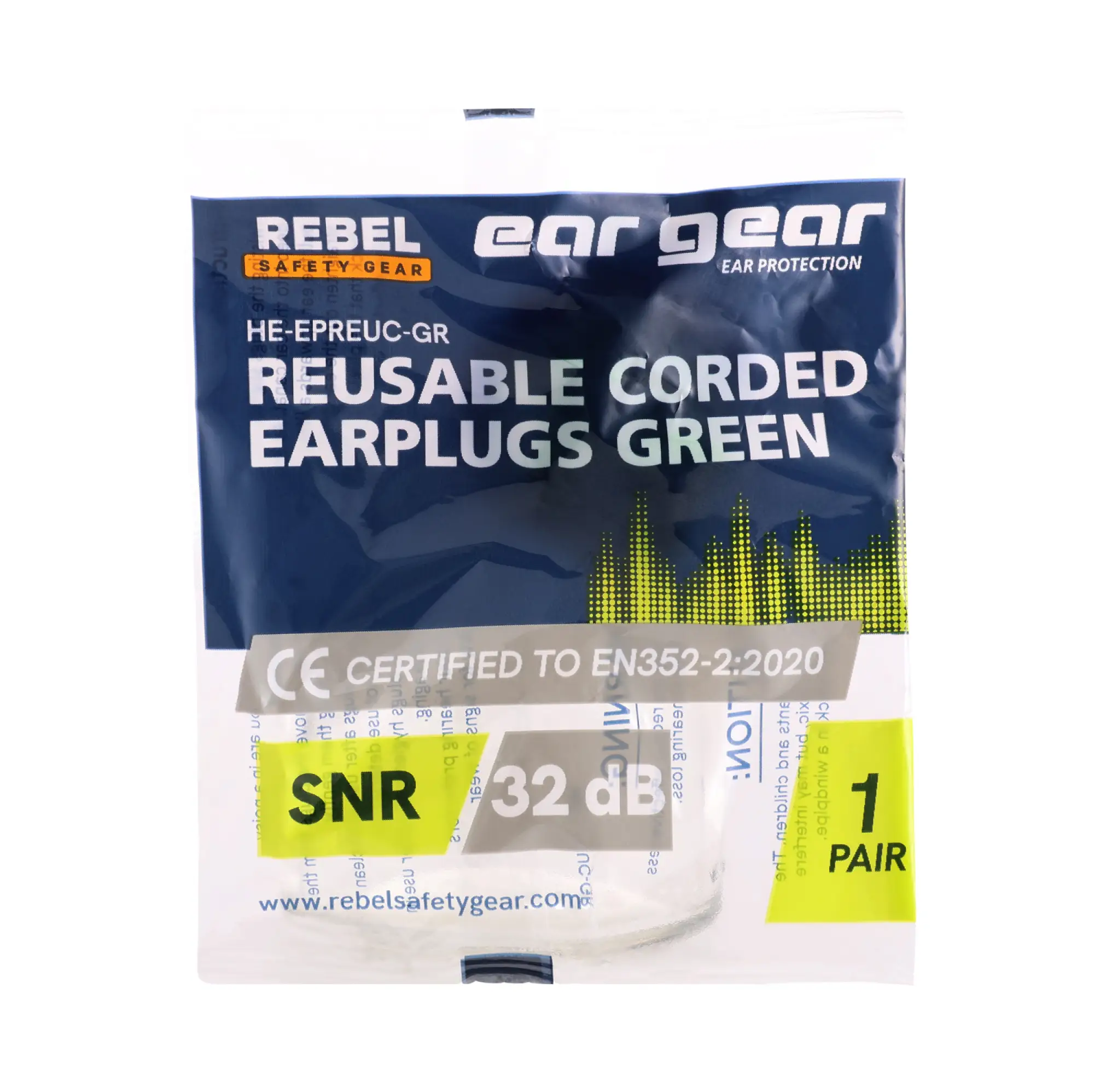 Earplugs-Reusable-Corded-Green-Packet-Pair-Front